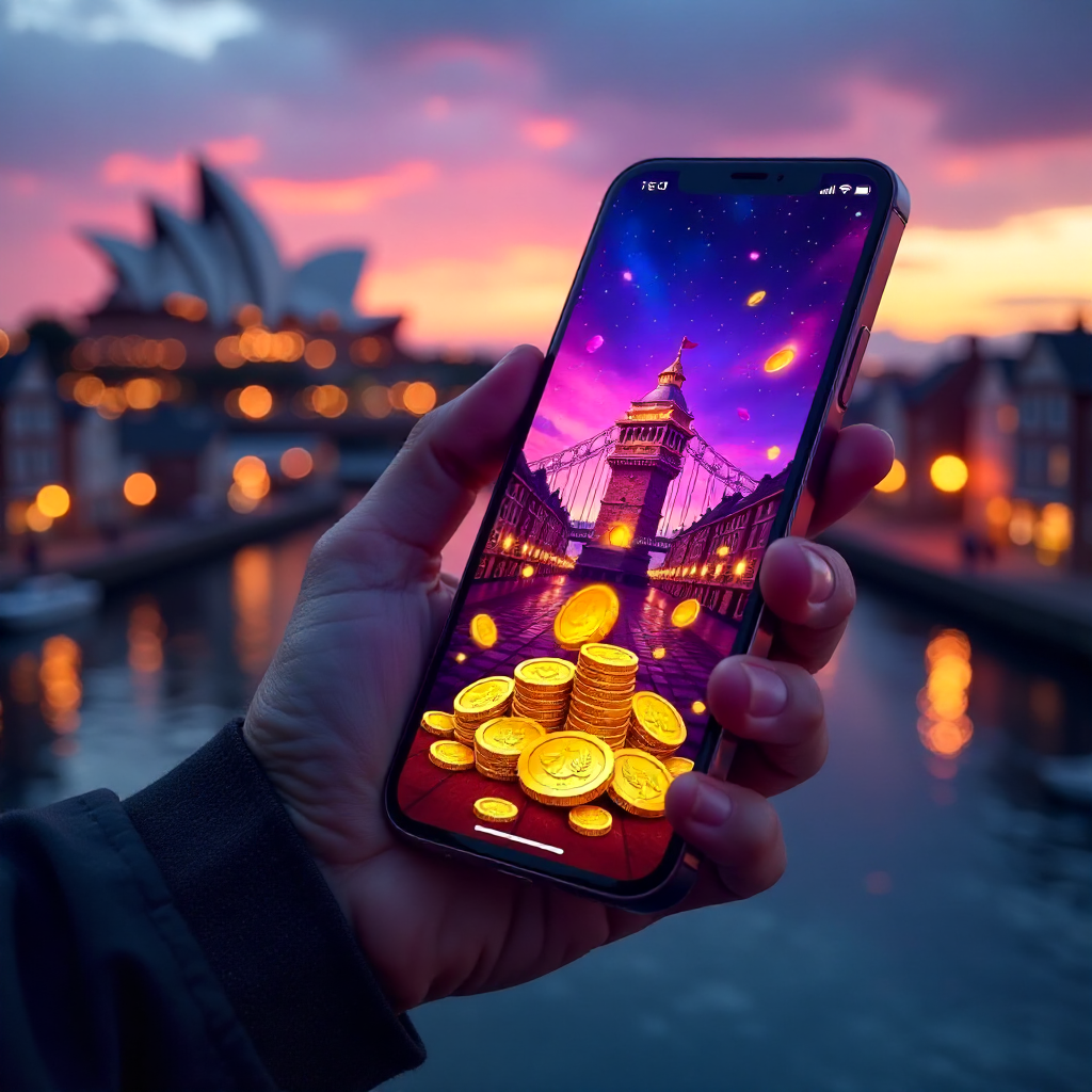 A hand holding a high-end smartphone with Vulkan Vegas colorful interface, background featuring the iconic Opera House in Oslo or the colorful wooden houses of Bryggen in Bergen. Neon blue and violet brand colors, 3D flying golden coins and vibrant casino